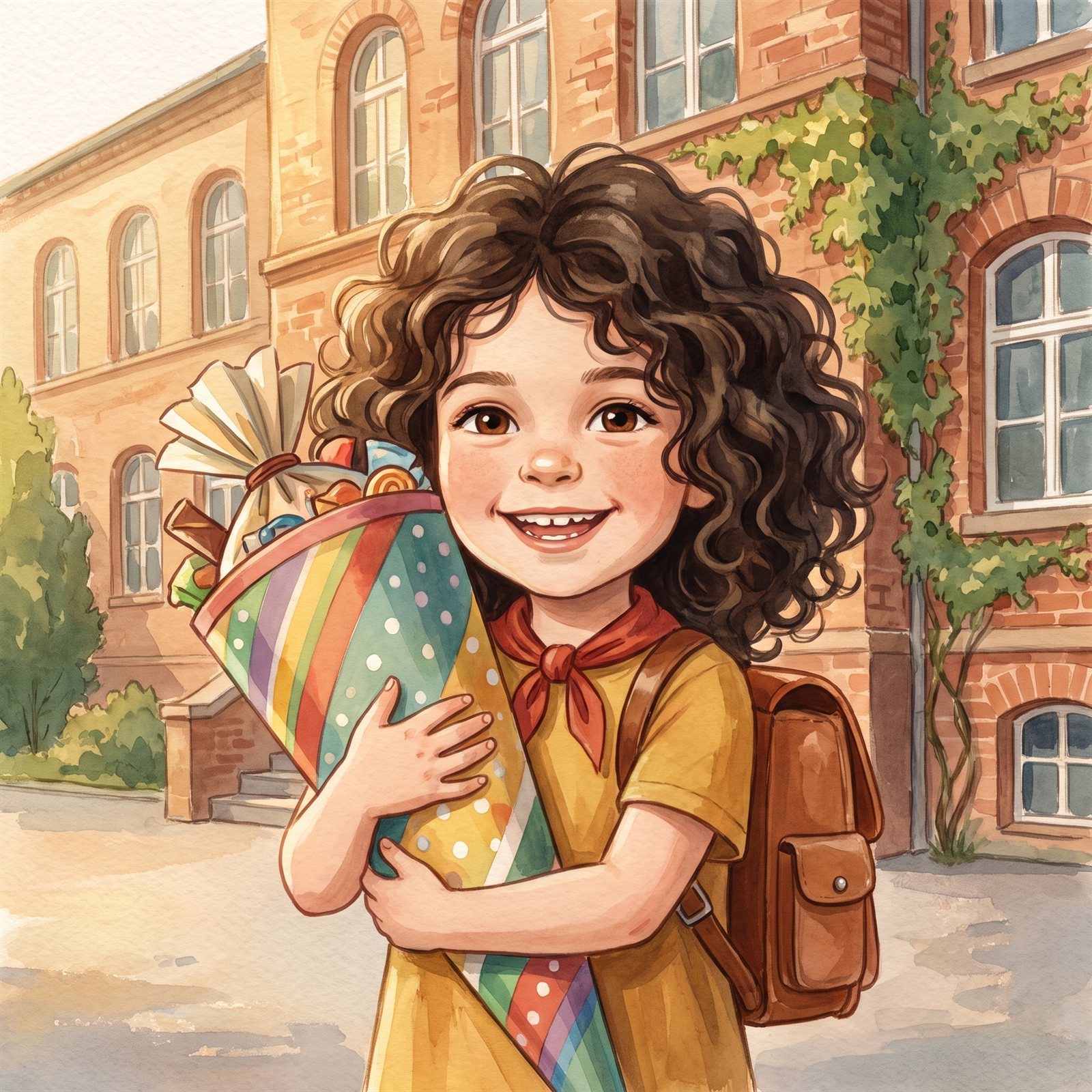 Illustration: Mia mit großer Schultüte vor der Schule