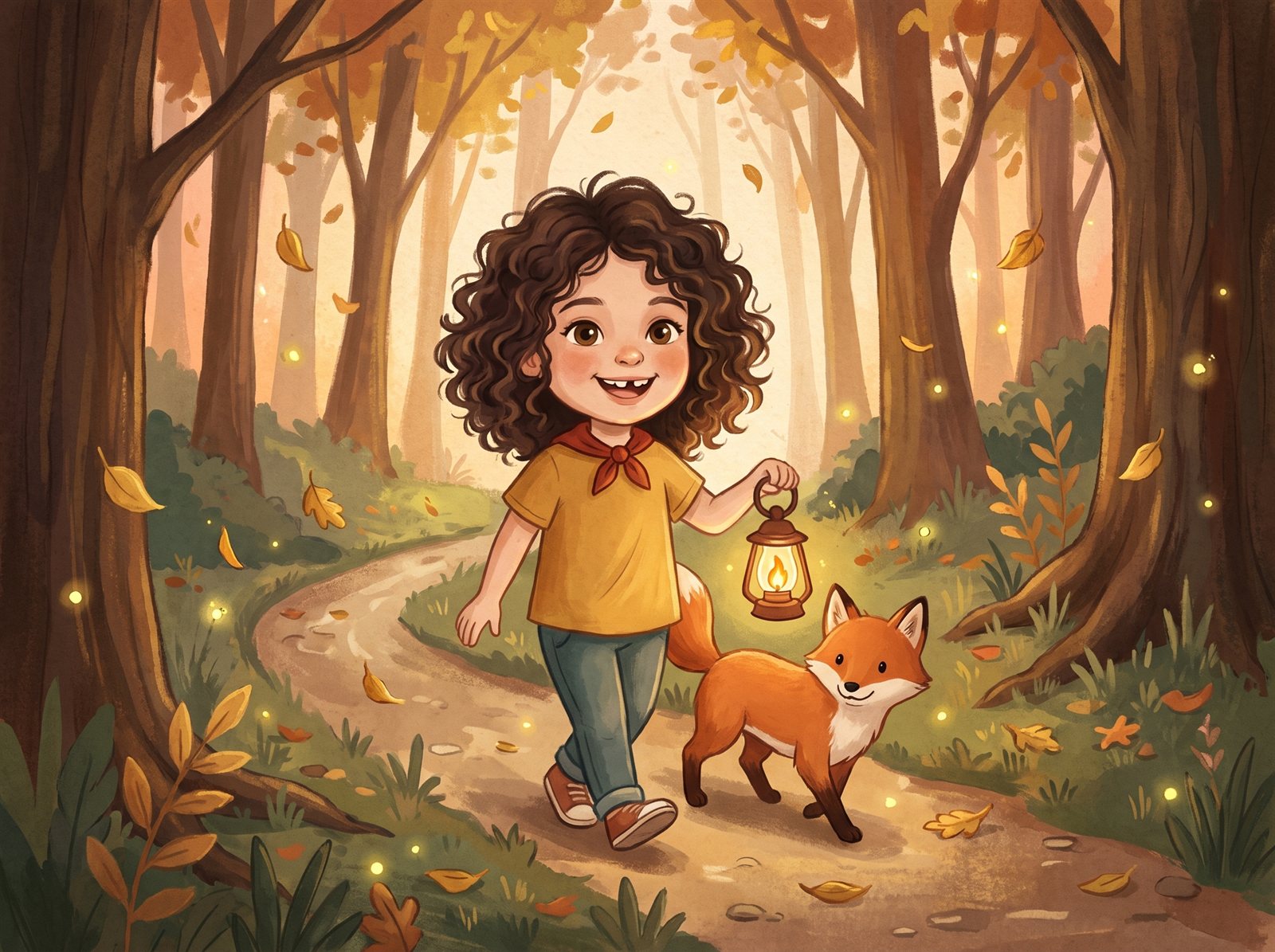 Beispielseite: Mia wandert mit einer Laterne und einem Fuchs durch den Herbstwald