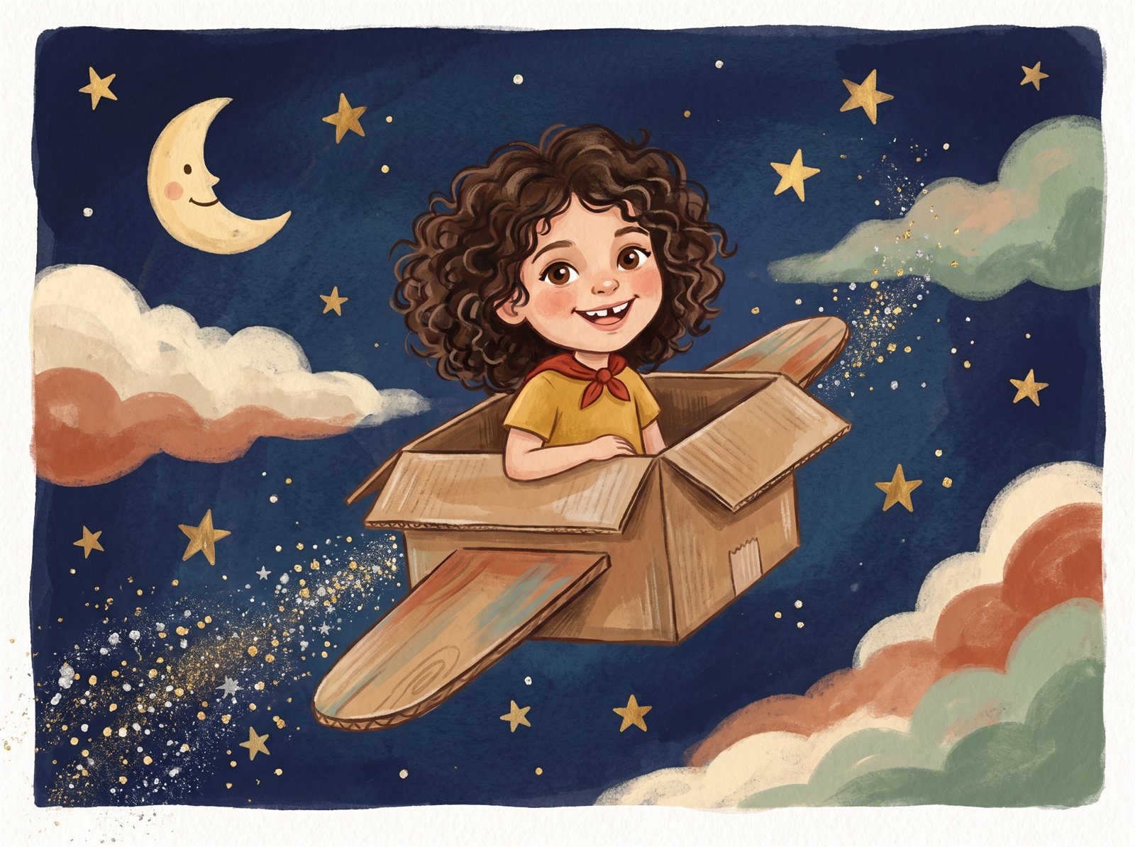 Beispielseite: Mia fliegt in einer Kartonrakete durch den Sternenhimmel